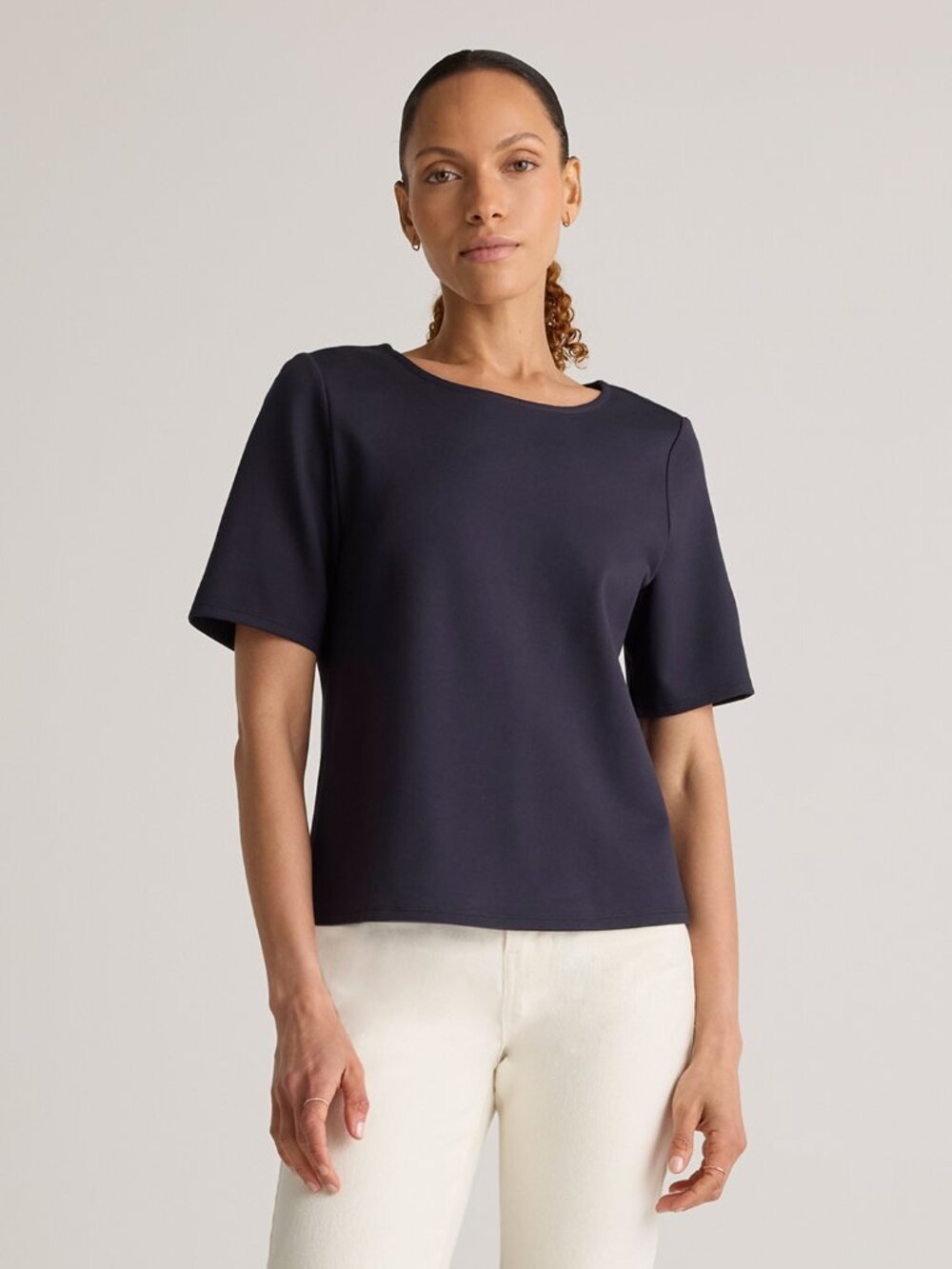 Quince Dark Blue Ultra Stretch Ponte Short Sleeve Top
